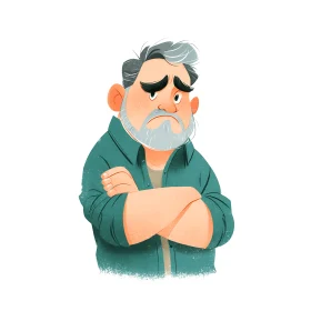 Grumpy gray bearded man with folded arms in stylized cartoon.