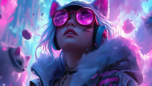 Neon cat-eared drifter in prism-pink cyberdream skies.
