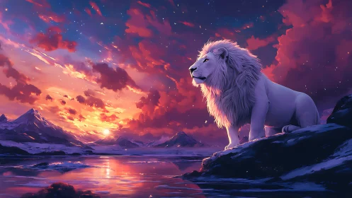 White lion overlooks luminous arctic sunset sky reflection.