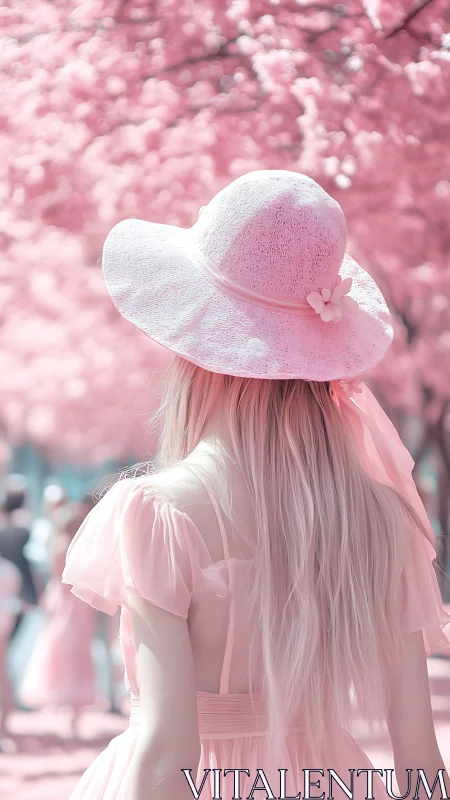 Woman in pink dress walks beneath soft pink blossom canopy