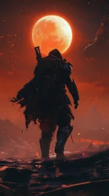 Lone armored wanderer strides beneath a burning blood moon.
