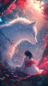 Spirit fox guardian with robed girl in luminous forest vision.