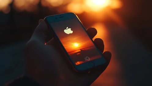 Smartphone silhouette capturing golden sunset glow reflection.