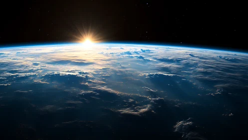 Photorealistic orbital sunrise across Earth&rsquo;s curved horizon.