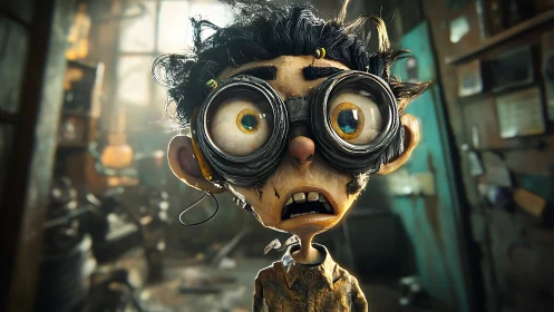 Wide-eyed inventor kid in a delightfully messy workshop.