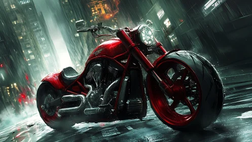 Hydrodynamic red street-cruiser under cinematic rainload.