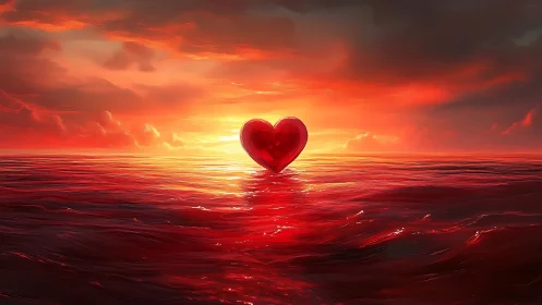 Red luminescent heart suspended in turbulent ocean at sunset.