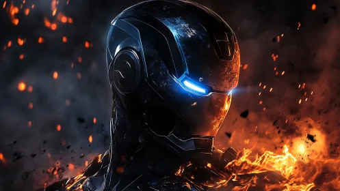 Armored metallic helmet rendered amid sparks and flames