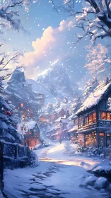 Snow-laden alpine village with luminous thermal interiors.