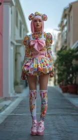 Harajuku street style girl in candy print pastel dress