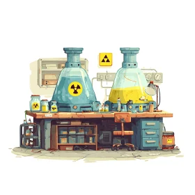 Radiological bench reactors in stylized containment laboratory.