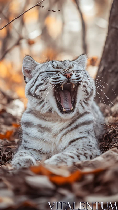 High-detail yawning silver tabby cat in shallow forest bokeh