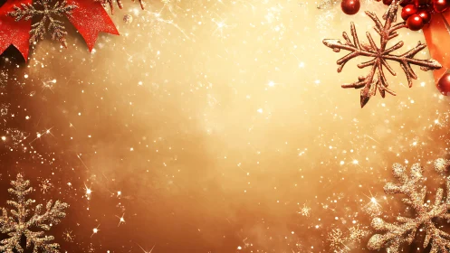 Golden starlight drifts around copper snowflakes and ribbons