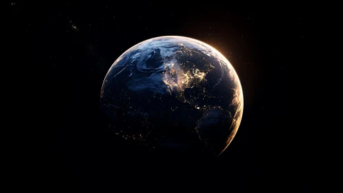 Earth at night rendered in high-contrast orbital perspective