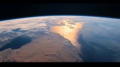 Sunlit Earth horizon above desert coast from orbit view.