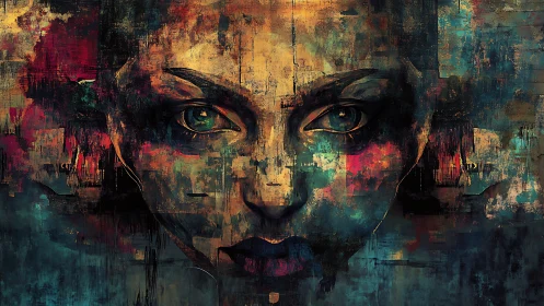 Abstract female portrait in fragmented digital textures.