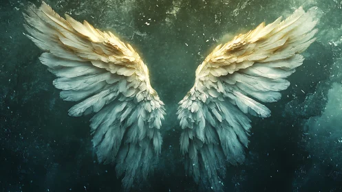 Twin celestial wings unfurl softly against a storm of teal light
