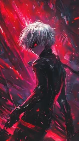 Crimson storm stalker in shattered neon abyss.