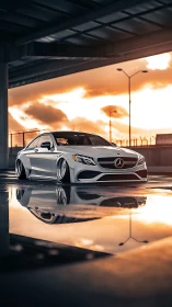 Sleek silver coupe glowing under a golden city sunset.