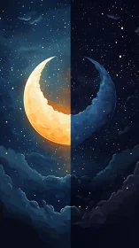 Dual-phase crescent moon in split nocturnal skyscape digital painting.