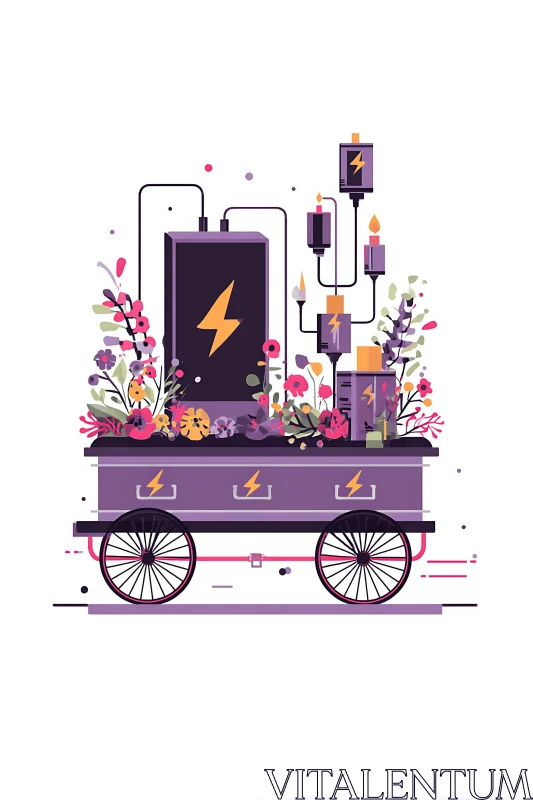 Electric coffin cart with floral energy totems illustration.