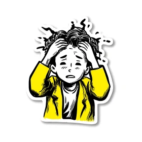 Cartoon figure holds head with stylized hair motion lines