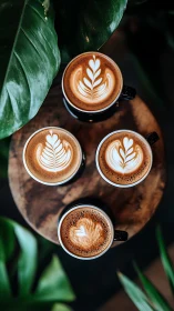 Latte art circle among lush green leaves and warm wood.
