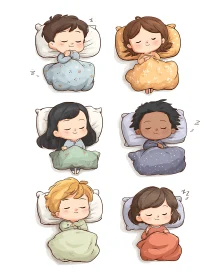Cute cartoon children sleeping under colorful blankets.