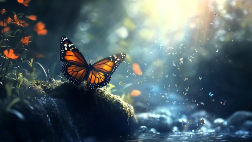 Monarch butterfly basking in sunlight by a stream, fantasy style.