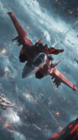 Red futuristic fighter jet in aerial sci fi combat scene.