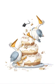 Pelicans raid towering wedding cake in comic chaos.