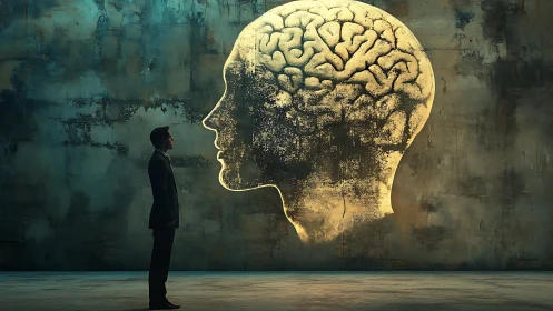 Man quietly studies a glowing brain mural in a moody space
