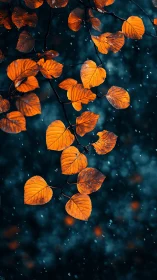 Autumn leaves glowing against dark rainy bokeh background.