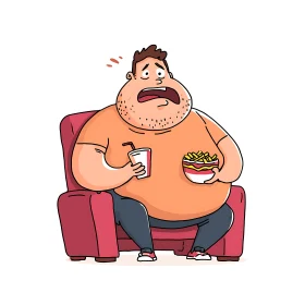Overweight man sits worried on chair holding soda and fries