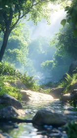 Sunlit Forest Stream Framed by Verdant Canopy and Rock Formations