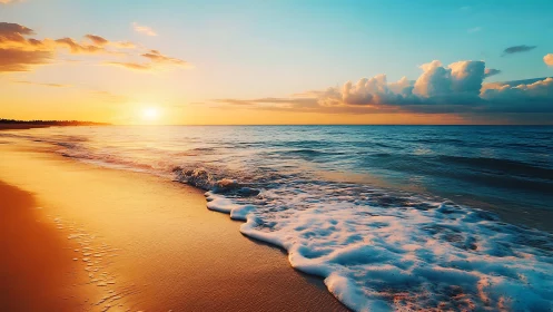Honey-gold shoreline courting sapphire sea at sunset.