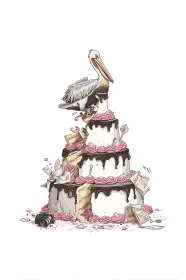 Pelican shatters towering wedding cake in precise line art.