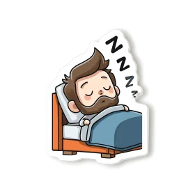 Cozy bearded dreamer tucked into a peaceful cartoon bed.