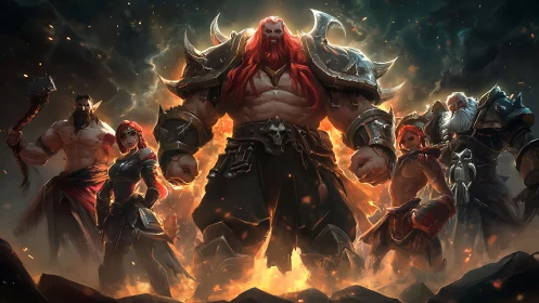 Fierce fantasy warriors standing united in glowing embers.