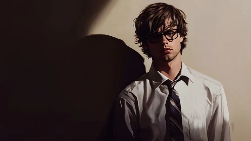 Side-lit young man with stylized shadow in digital chiaroscuro.