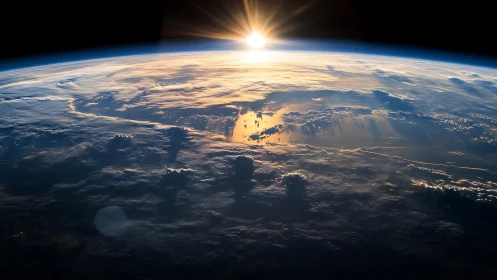 Sunlit Earth horizon with low orbit cloud and ocean detail