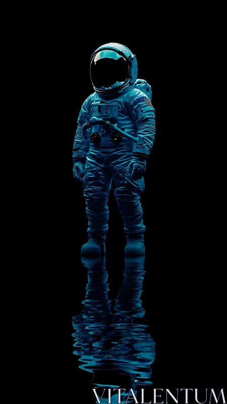 Luminous lone astronaut wading across midnight mirror water.