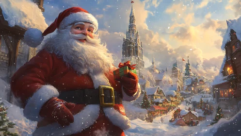 Santa shares a bright gift of cheer in a snowy village