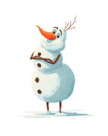 Curious cartoon snowman tilts head with crossed twig arms