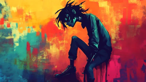 Moody cyberpunk loner crouches against neon abstract chaos.