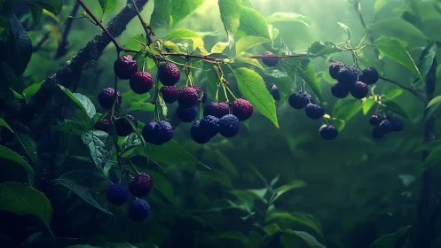 Forest twilight berries glowing beneath misty emerald leaves.