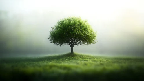 Solitary Green Tree in Misty Field, Soft Focus Nature Art.