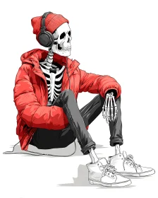 Chill skeleton in red streetwear jacket listens to music