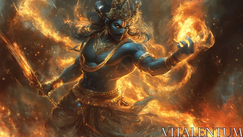 Blue-skinned fire warrior in ornate golden armor in battle.