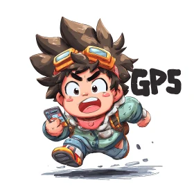 Chibi explorer sprints with GPS tracker and bold energy.